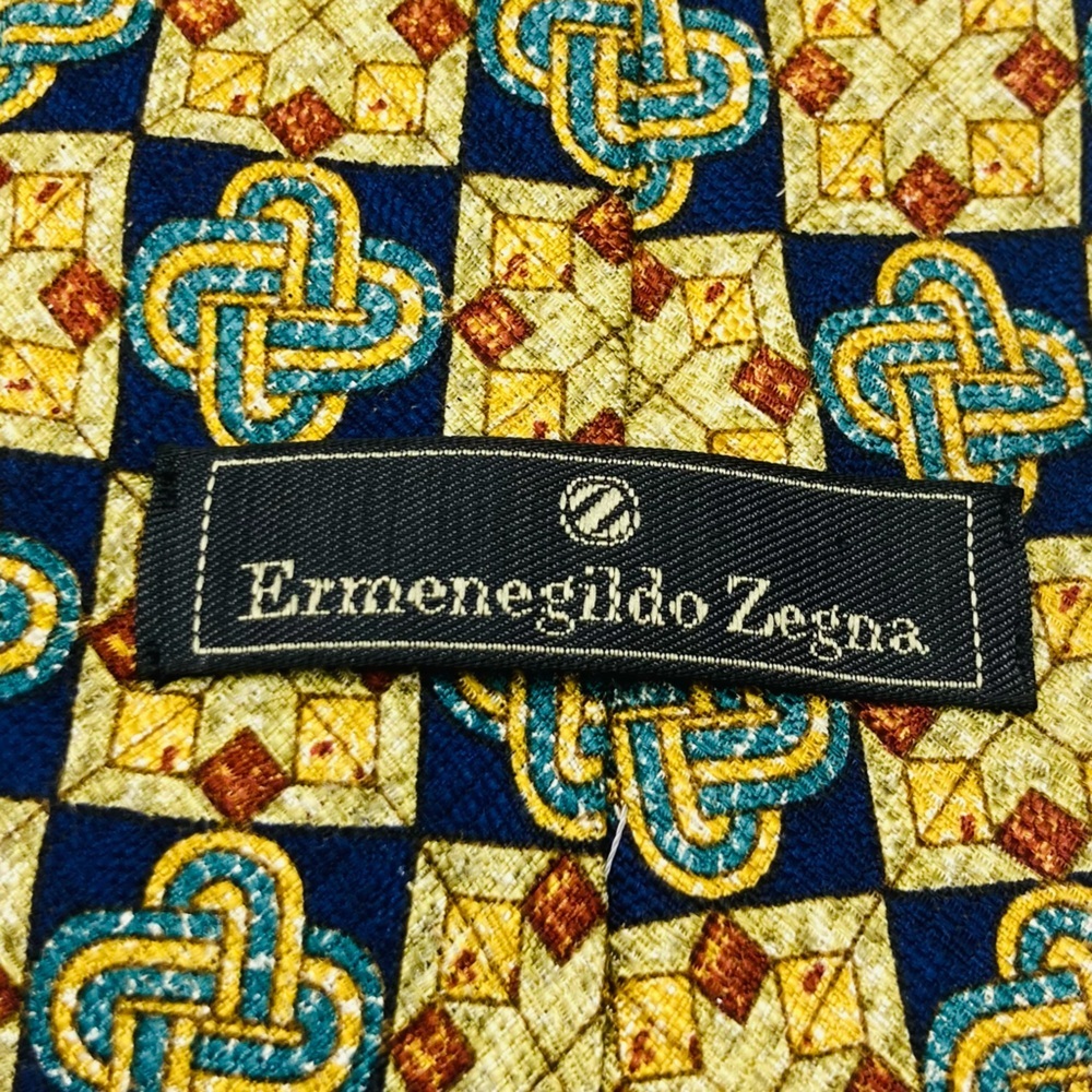 Ermenegildo Zegna silk blue gold and red geometric print silk tie. - Picture 3 of 5